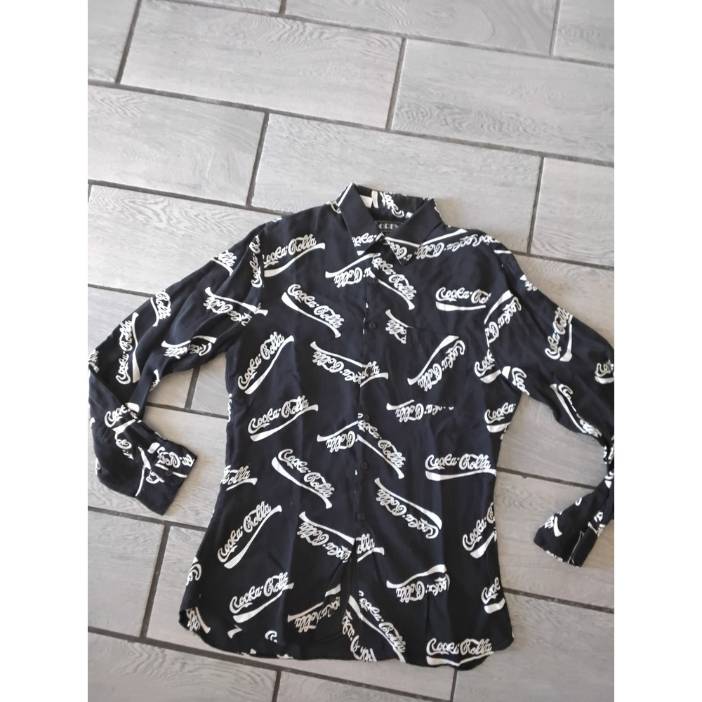 Vintage Loren Scott Coca-Cola Logo Print Shirt Black Rayon Button Down Mens L - Picture 2 of 5